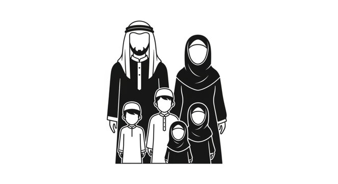 Family portrait of a traditional Arab family in monochrome style.