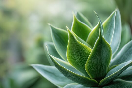 Agave Plant Spiraling Leaves with Soft Bokeh Background Natural Light Macro Detail Botanical Focus