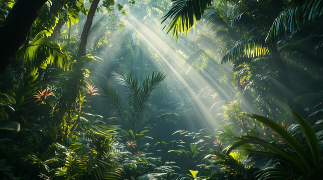 Lush Tropical Jungle with Sunlight Beams and Serene Forest Atmosphere