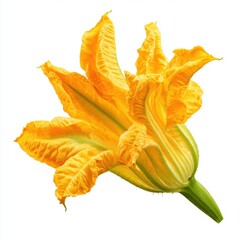 Fototapeta premium Vibrant Yellow Zucchini Flower with Green Stem Detailed Texture Isolated on White Background Studio Shot