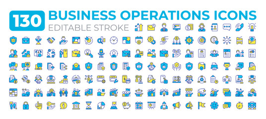 Obraz na płótnie Canvas Business operations colorful icons big set. Core activities an organization. Productivity management. Commerce iconset color linear symbols. Vector isolated flat illustrations. Editable stroke