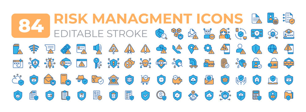 Risk management colorful icons big set. Protection. Identifying, assessing and controlling potential threats iconset color linear symbols. Vector isolated flat illustrations. Editable stroke