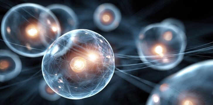 Transparent glass spheres with glowing internal core and network connections, showing quantum particle data communication technology concept.