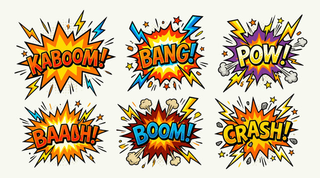 Collection of comic book style sound effect bursts with vibrant colors, featuring words like KABOOM, BANG, POW, BAAAH, BOOM, and CRASH