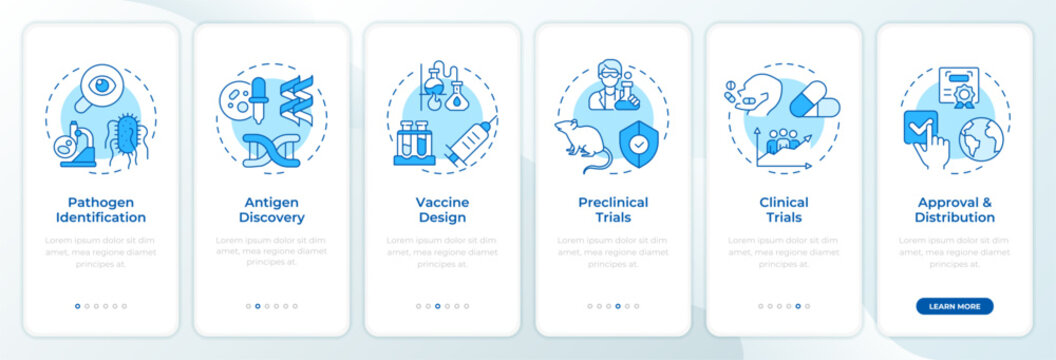 Vaccine development phases blue onboarding mobile app screen. Walkthrough 6 steps editable graphic instructions with linear concepts. UI, UX, GUI. Montserrat SemiBold, Regular fonts used