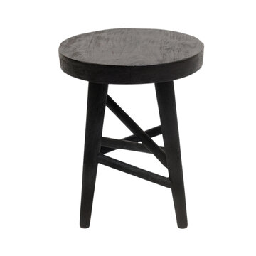 Small dark wooden stool with round seat. Rustic furniture piece isolated on transparent background. Minimalist interior design element for home decor or seating solution. Sturdy oak craft.