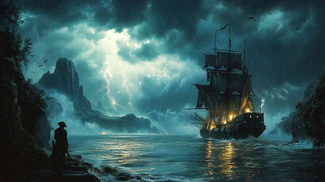 Majestic Pirate Ship Sailing Through Moonlit Caribbean Storm Waters