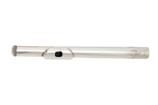 Silver flute headjoint on isolated transparent background. Musical instrument part for orchestral woodwind practice. Professional performer equipment for classical music concert and training.