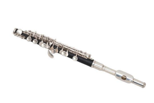Silver piccolo woodwind instrument isolated on transparent background. Orchestral flute for professional musician. Classical musical instrument for concert performance and music education.