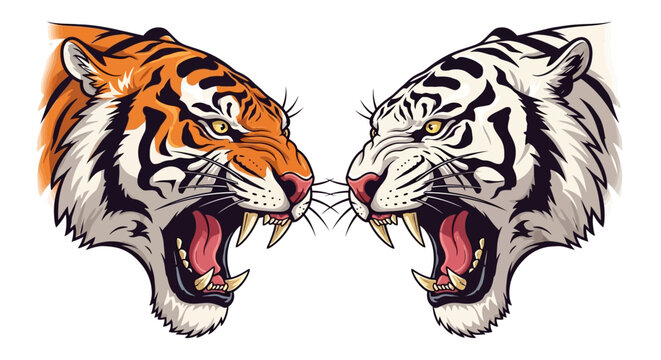 Powerful illustration of two roaring tiger heads, orange and white, in a fierce confrontation, symbolizing wild strength and primal nature