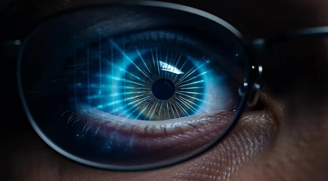Futuristic digital eye with glowing blue HUD interface, biometric iris scan technology, high-tech human vision concept for cybersecurity and AI 4k