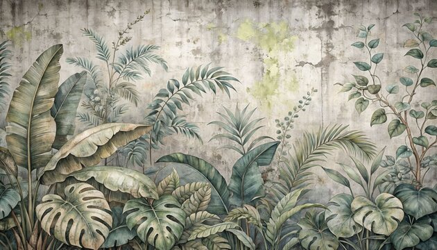 Grunge wallpaper with tropical leafs and plants on concrete background. Design for wallpaper, photo wallpaper, fresco, mural and other.