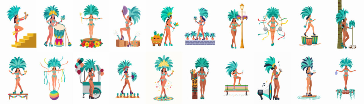 Set of 20 vector illustrations of women in traditional samba dancer costumes celebrating the Brazilian carnival with various festive props and scenes.
