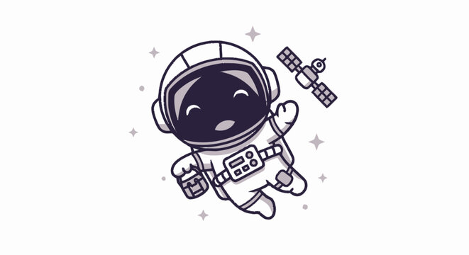 Cute Cartoon Astronaut Floating in Space with Satellite Illustration.