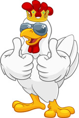 A chicken rooster cockerel bird cartoon character in a kings gold crown and cool shades or sunglasses giving a double thumbs up © Christos Georghiou