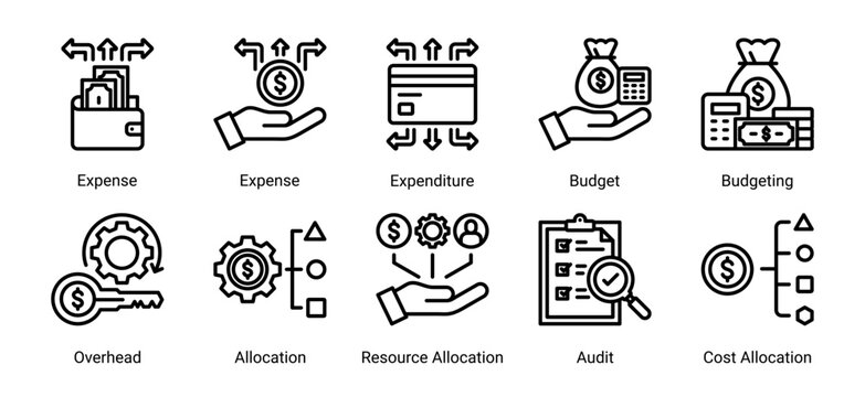 Budget control icon set icons including budget,expense,allocation,and audit.Ideal for accounting,business,and financial management design.