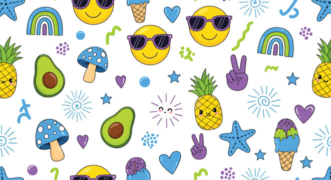 Colorful Summer Doodle Pattern with Pineapple, Avocado, Rainbow, Ice Cream, Mushroom and Smiley Icons Cute Vector Illustration
