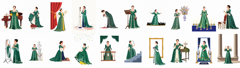 Set of eighteen illustrations featuring an opera singer in an elegant green gown, performing, practicing, and acting in various classic theatrical scenes. © Asep
