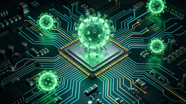 Digital illustration of biological virus molecules on computer circuit board with glowing green lines representing data transmission and cybersecurity threat.