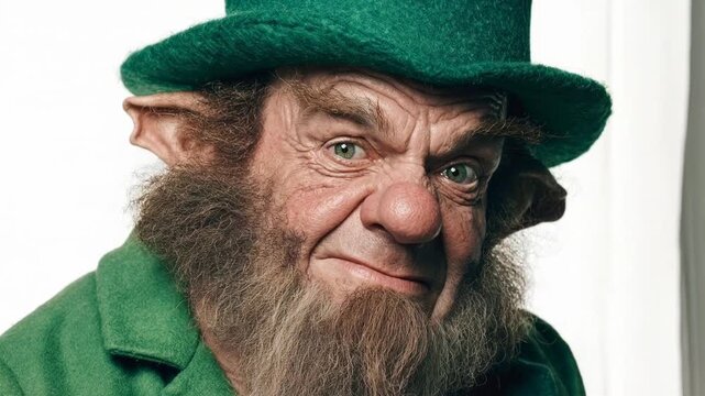 Close portrait of expressive leprechaun character in green hat showing intense gaze capturing folklore charm fantasy storytelling and theatrical emotion