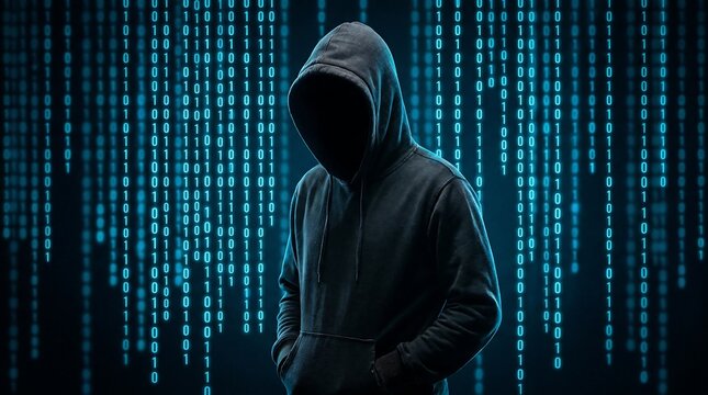 Mysterious hooded figure standing against a backdrop of cascading blue binary code streams, symbolizing digital world, data flow, and anonymous online presence.