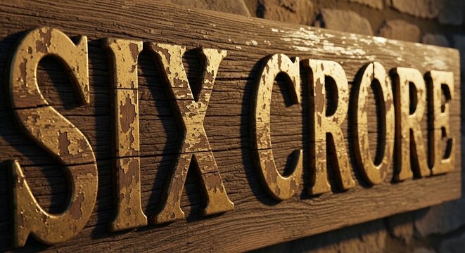 Rustic wooden sign with the text six crore in gold