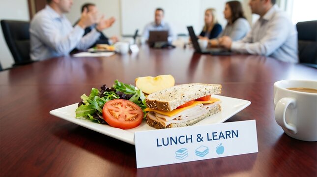 Lunch and learn presentation in modern office conference room with people collaborating and enjoying a healthy meal consisting of a sandwich and salad.