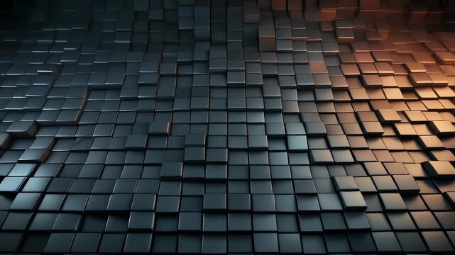 A 3D abstract background composed of dark metallic cubes in varying heights, illuminated by warm light on the right side.