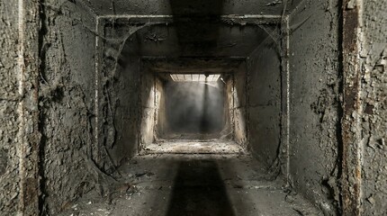 Fototapeta premium Eerie and dirty ventilation shaft interior with heavy cobwebs and dusty air illuminated by dramatic light rays filtering from above creating spooky and atmospheric scene.