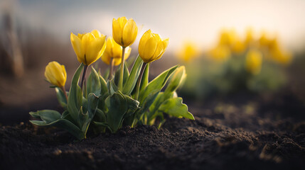 Obraz premium Spring Flower Growth Showing Tulips Rising from Dark Soil Texture