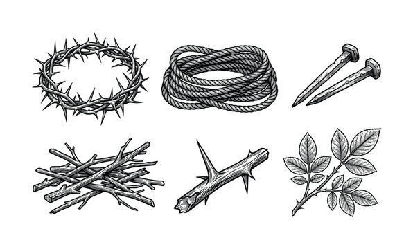 Set of Christian symbols of the Passion of Christ. Hand-drawn vintage engraving style vector illustrations: crown of thorns, nails, rope. For Easter, Lent, religious design.