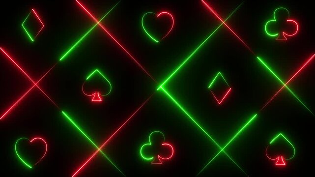 Neon playing cards symbols pattern with hearts clubs diamonds and spades glowing red and green on dark background casino gambling abstract animation 4k visuals