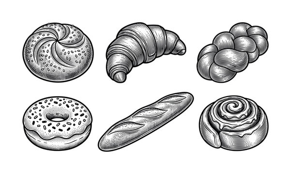 Set of baked goods: croissant, doughnut, baguette, challah, bun, cinnamon roll. Vintage engraving style vector illustration for bakery menus or food branding.