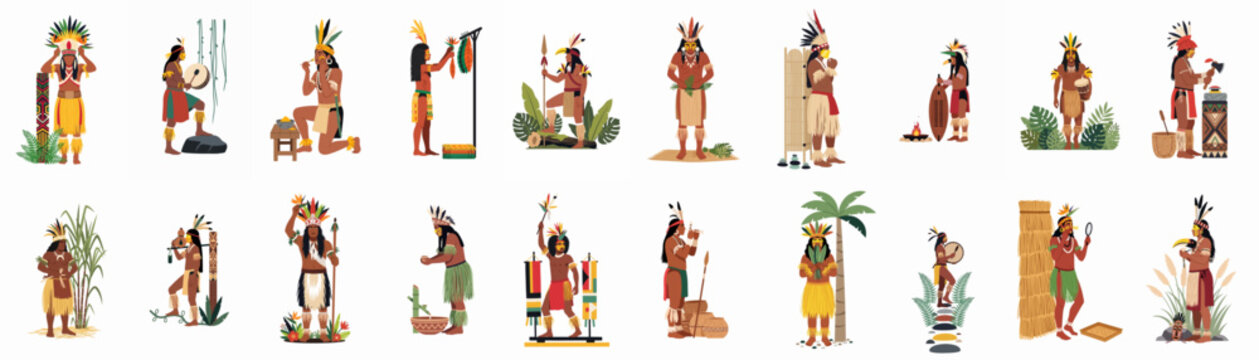 Large collection of eighteen colorful flat illustrations showing indigenous people in traditional clothing performing various cultural activities, rituals, and daily tasks.