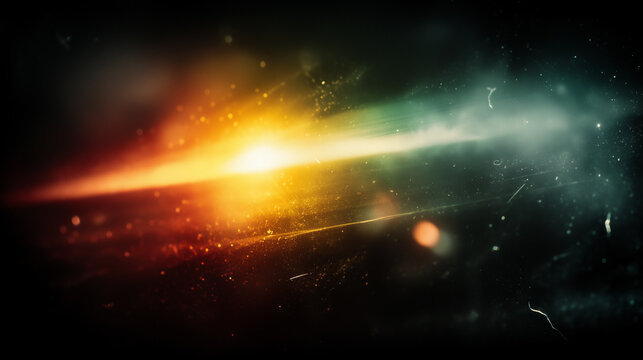 A powerful, dynamic horizontal beam of brilliant light streaks across a dark, textured background, shifting from warm yellow-orange to cool green-blue, with dust.