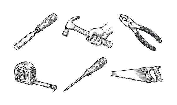 Set of vintage hand drawn carpentry tools. Black and white engraving style vector illustration for DIY, craft, repair, or construction themes. Includes hammer, saw, and pliers.