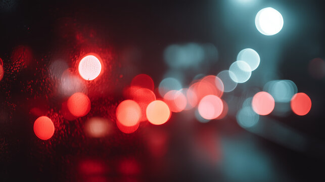 Vibrant, soft red and cool blue bokeh lights shine through a rain-streaked window at night, creating a dreamy abstract urban reflection.
