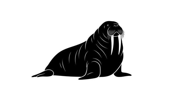 Black walrus with long tusks lying down.