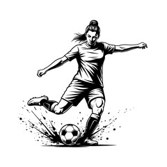 Fototapeta premium Dynamic Woman Soccer Player Kicking Ball in Action - Black and White