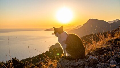 Obraz premium Cat watching sunset over mountain range