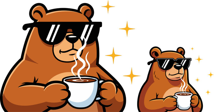Cool brown bear cartoon character wearing sunglasses, grizzly bear holding steaming coffee mug, funny animal mascot vector illustration