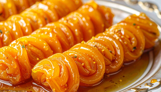 Close up of golden dessert pastry treats