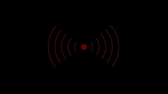Red pulsing radio signal waves animation on black background, for technology and, connectivity concepts