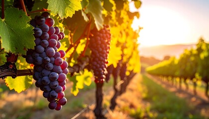 Naklejka premium Vineyard Grapes - A Vibrant Sunset Scene of Wine Country.