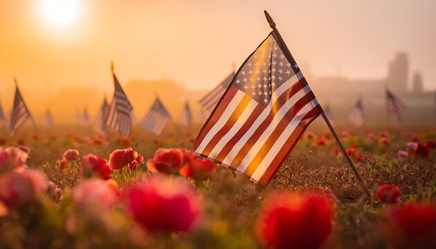 Field of american flags at sunrise remembrance poppies bloom beautiful scene symbolizing honor and patriotism for memorial day.