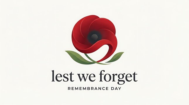 A stylized red poppy flower graphic with the memorial text lest we forget for remembrance day