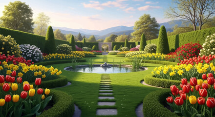 Obraz premium A vibrant garden landscape with a pathway and distant mountains on transparent background silhouette