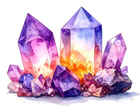 Watercolor painting of clustered, glowing purple and orange crystals