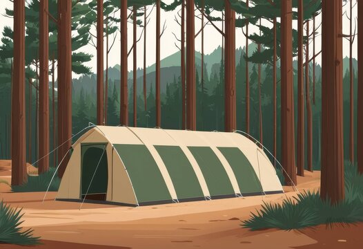 Illustration of a beige camping tent set up in the forest