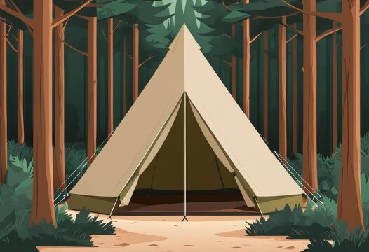 Illustration of a beige camping tent set up in the forest